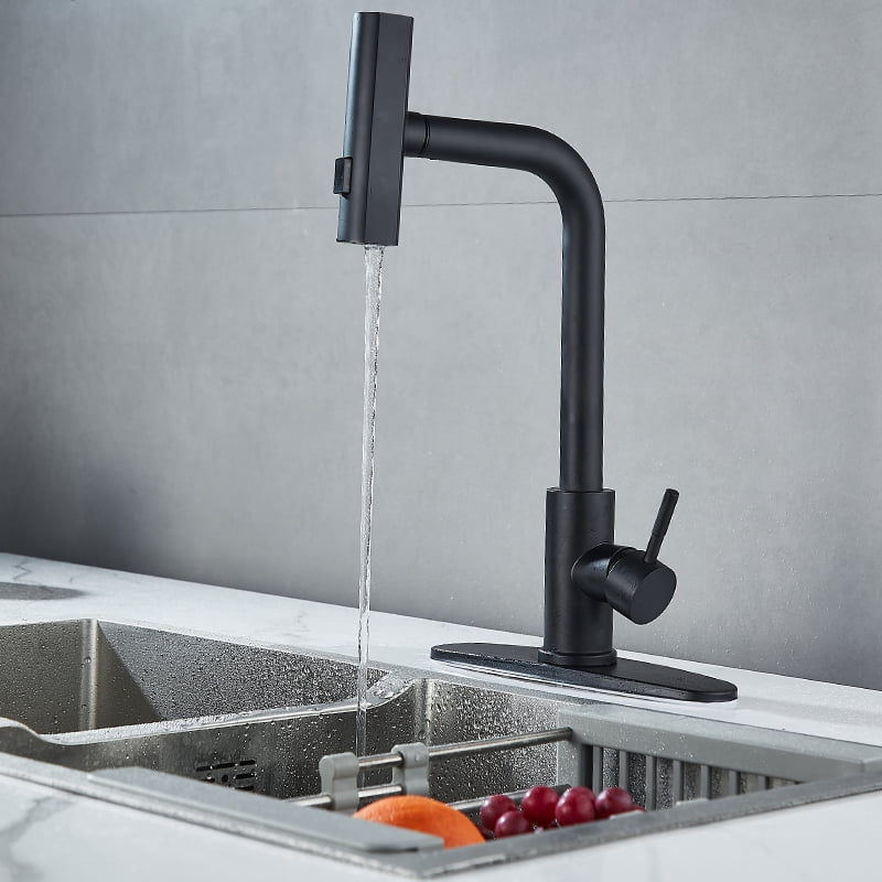 Black Kitchen Faucets with Pull Down Sprayer,Waterfall Kitchen Sink Faucet,Commercial Utility Stainless Steel Kitchen Faucets,Single Handle Kitchen Sink Faucet with Pull Down Sprayer for 3 Function
