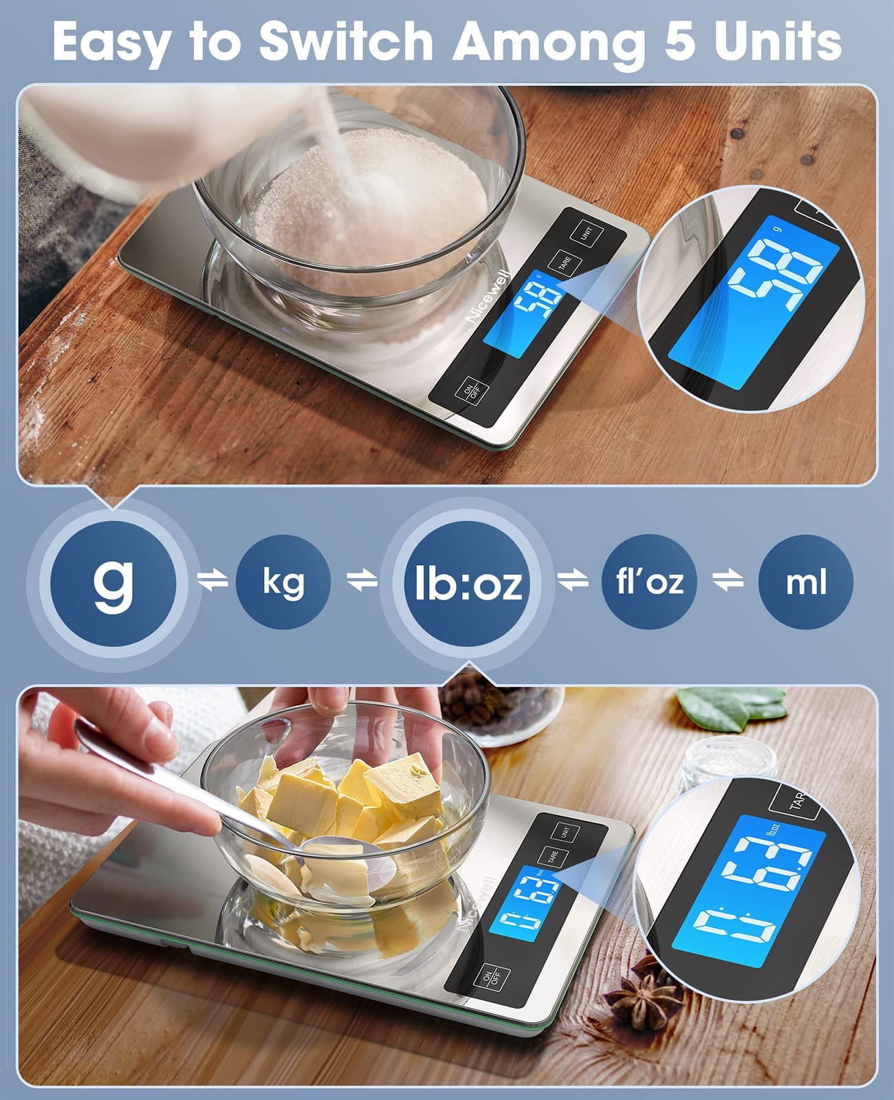 LVL Food Scale, 22lb Digital Kitchen Scale Weight Grams and oz for Cooking Baking, 1g/0.1oz Precise Graduation, Stainless Steel and Tempered Glass (Ash Silver)