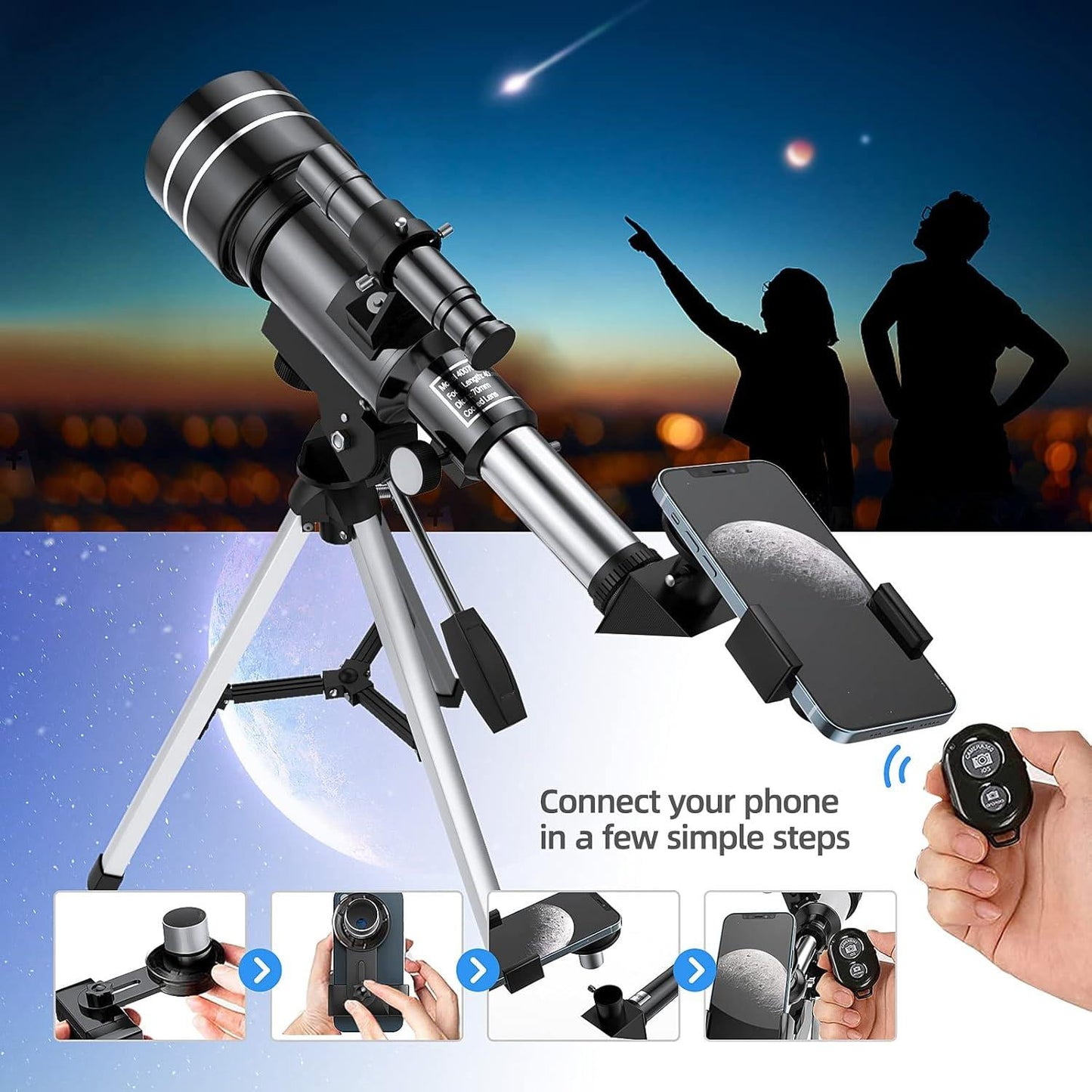 Telescope for Adults & Kids, 70mm Aperture Astronomical Refractor Telescopes for Astronomy Beginners (15X-150X), 300mm Portable Telescope with an Phone Adapter & A Wireless Remote