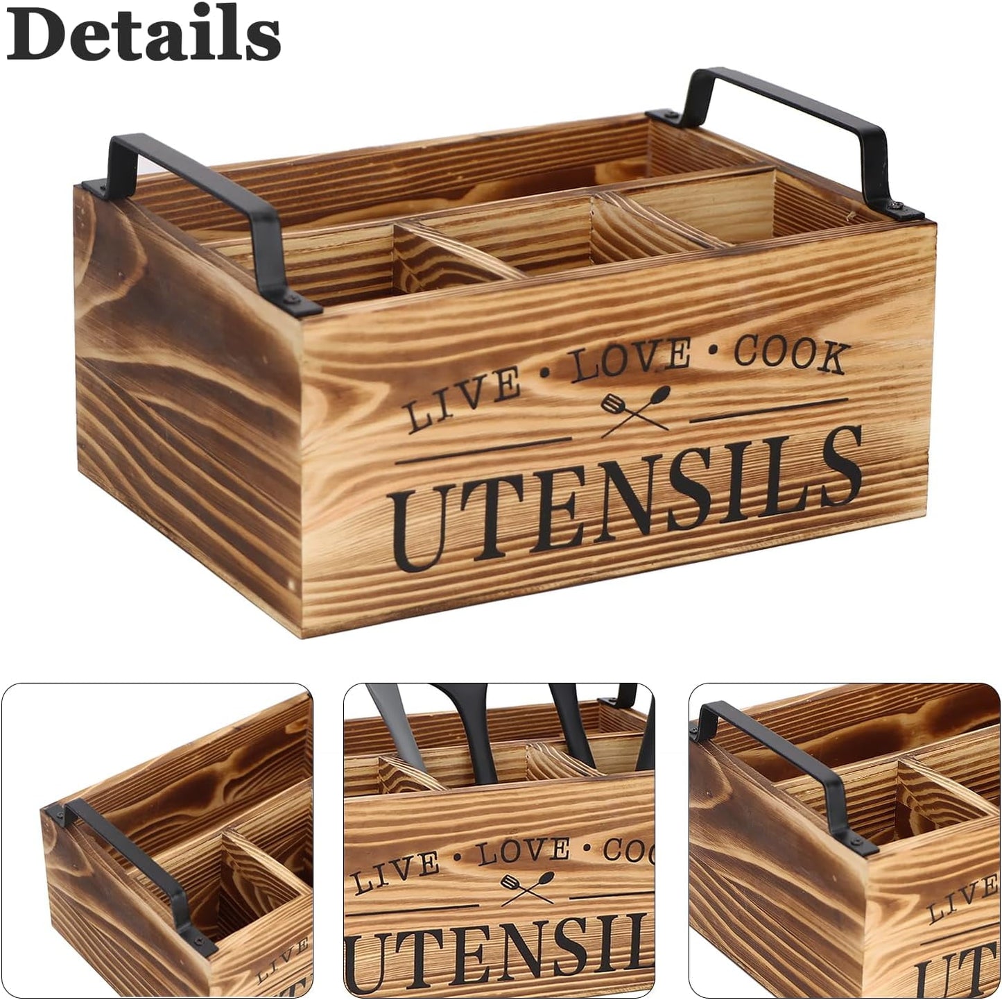 Wood Utensil Holder, Silverware Organizer with 4 Compartments for Kitchen Counter, Farmhouse Wood Flatware Utensil Organizer Storage Box for Silverware Fork Spoon Spatula.