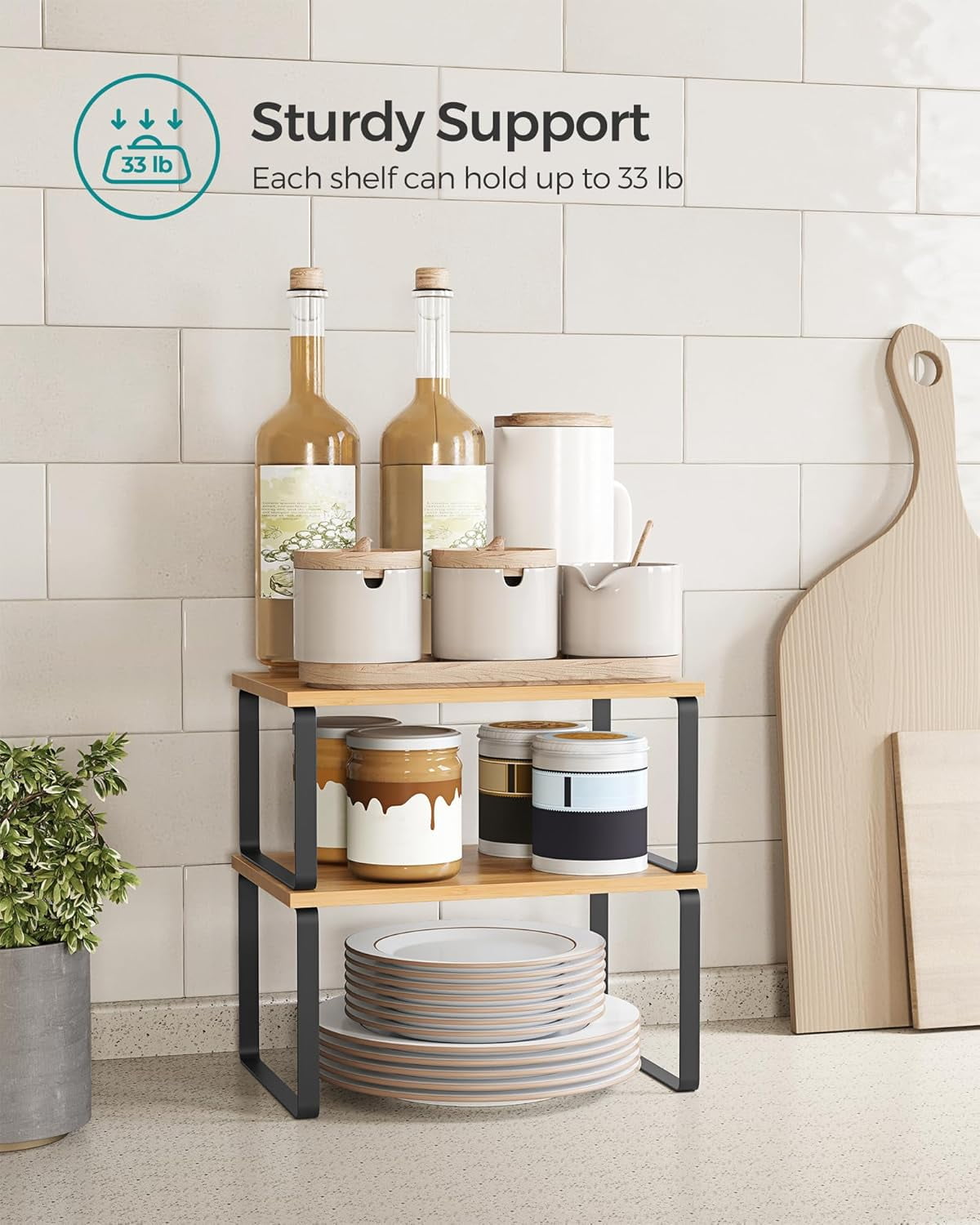 Cabinet Shelf Organizer, Extendable Countertop Shelves Set of 2, Kitchen Spice Racks, Stackable, Storage Racks for Cupboard, Sink, Pantry, Bathroom, Natural, Metal