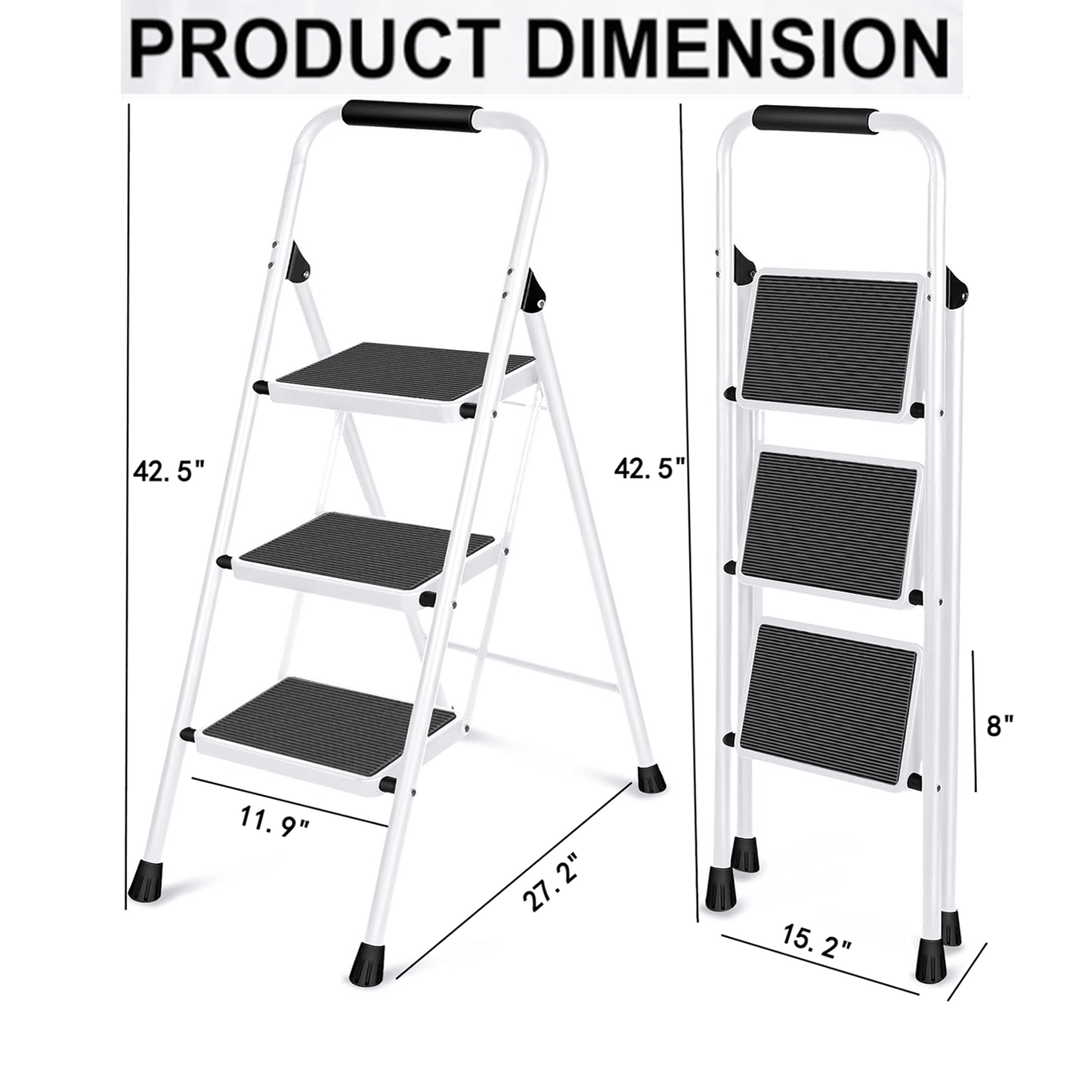 3 Step Ladder, VQJTCVLY Folding Step Stool with Wide Anti-Slip Pedal, 330lbs Sturdy Steel Ladder, Convenient Handgrip, Lightweight, Portable Steel Step Stool