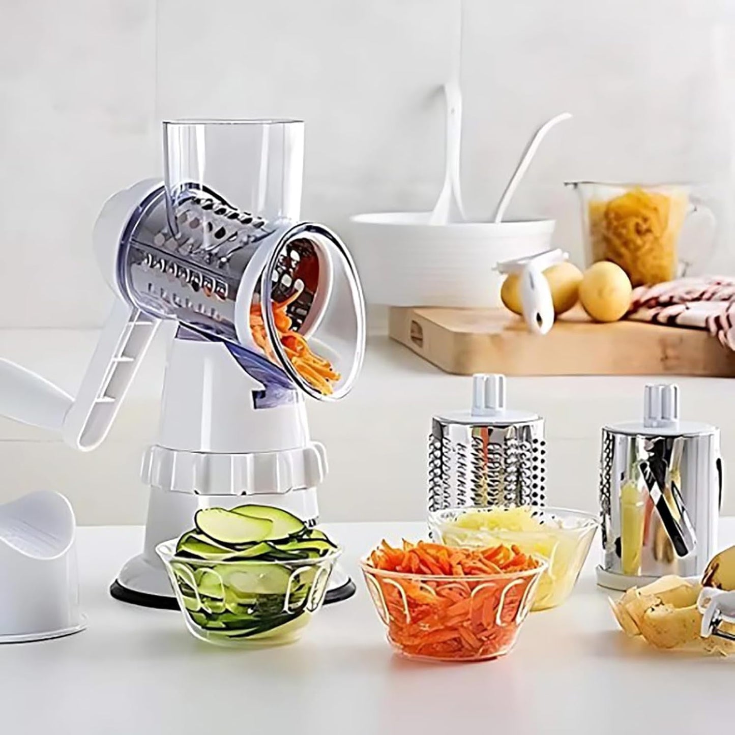 Rotary Cheese Grater, Kitchen Mandoline Vegetable Slicer with 3 Interchangeable Blades, Easy to Clean Grater for Fruit, Vegetables, Nuts-White