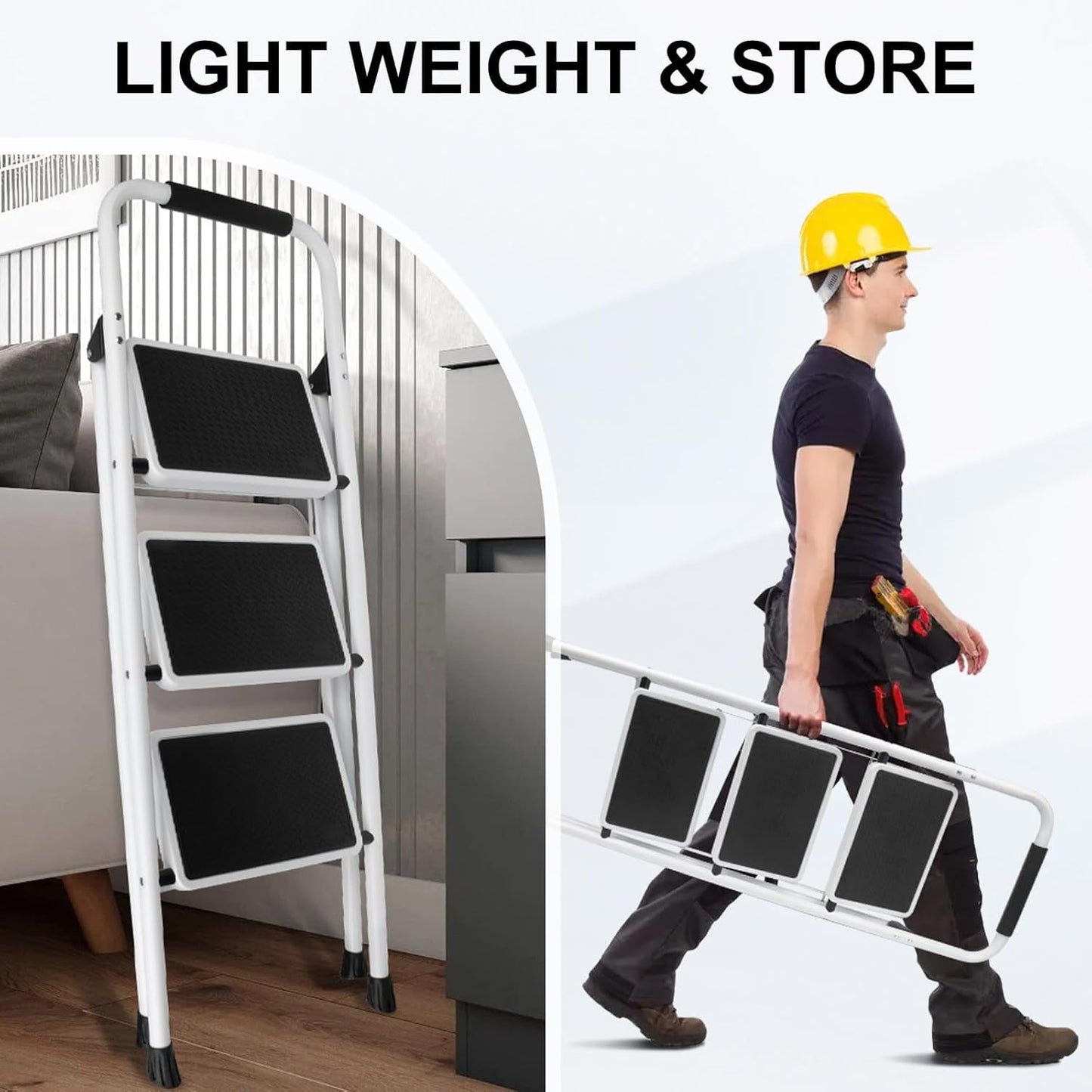 3 Step Ladder, VQJTCVLY Folding Step Stool with Wide Anti-Slip Pedal, 330lbs Sturdy Steel Ladder, Convenient Handgrip, Lightweight, Portable Steel Step Stool