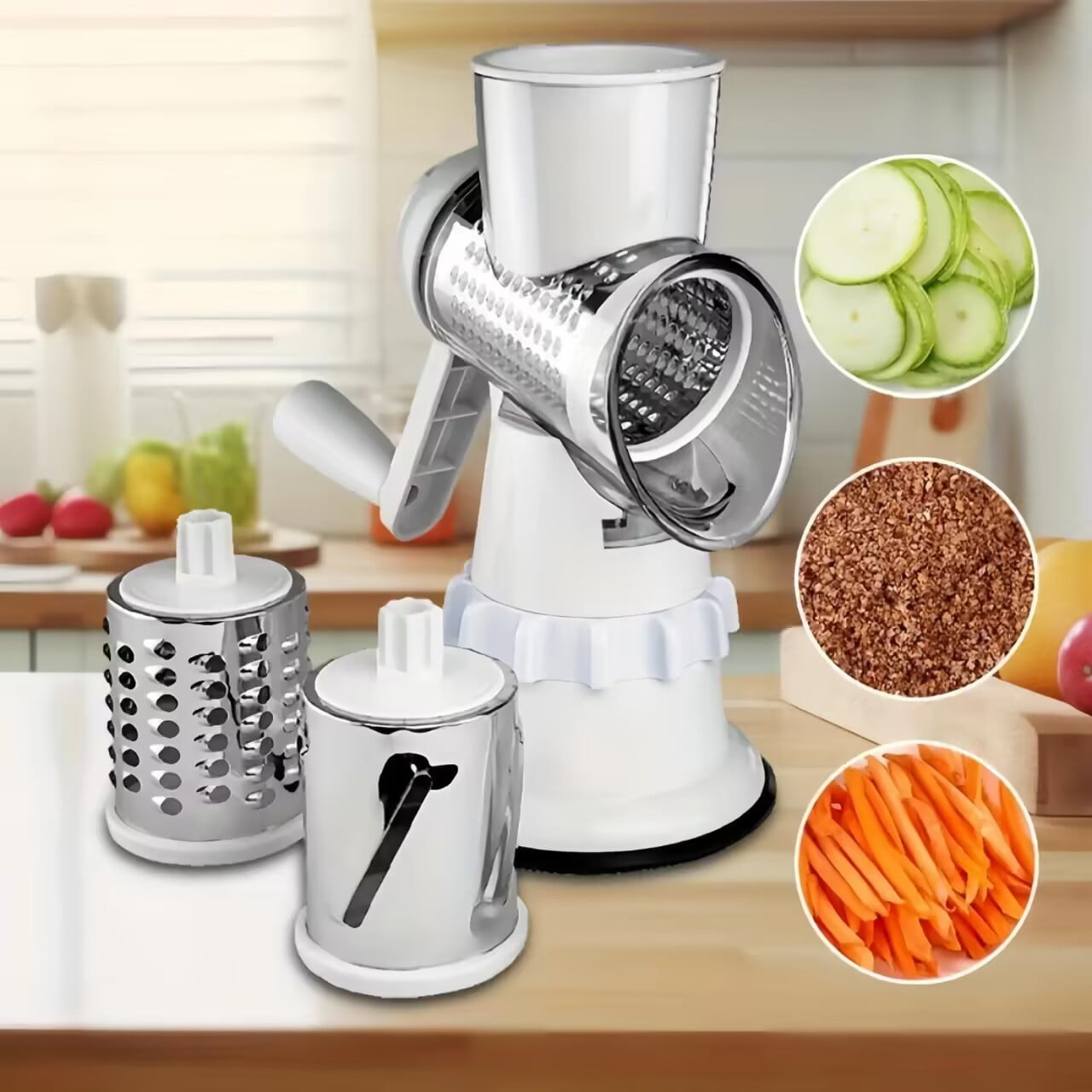 Rotary Cheese Grater, Kitchen Mandoline Vegetable Slicer with 3 Interchangeable Blades, Easy to Clean Grater for Fruit, Vegetables, Nuts-White