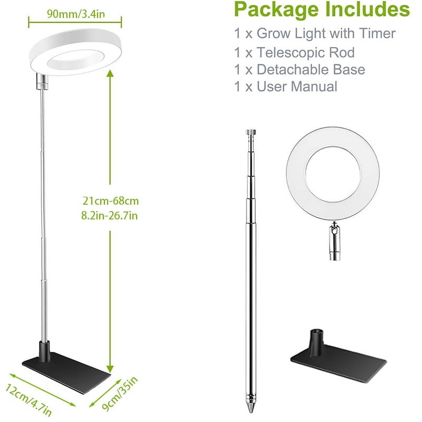 Plant Grow Light, LED Growing Light for Indoor Plants, Full Spectrum Desk Growth Lamp w/ Automatic Timer(3/9/12Hrs) & Height Adjustable, 10 Dimmable Brightness for Small Plants, 2 Packs, White