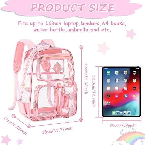 EHIW Clear Backpack for School,Heavy Duty PVC Transparent Bookbag for Women Stadium Approved See Through Backpack (Pink)
