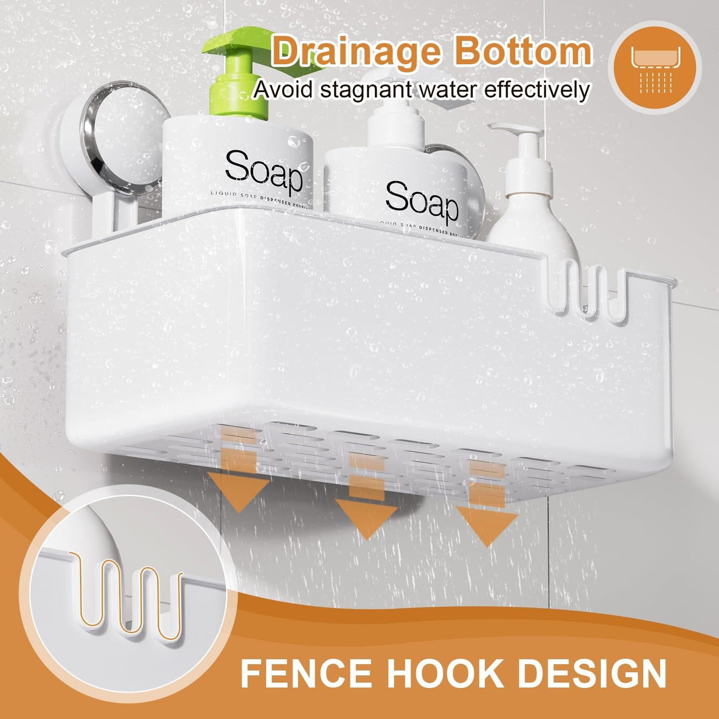 Shower Caddy Suction Cup, Heavy Duty Bathroom Shower Organizer, Removable Shelf for Inside Shower, Shampoo, Wall Mounted Plastic Shower Storage for Bathroom Accessories, White