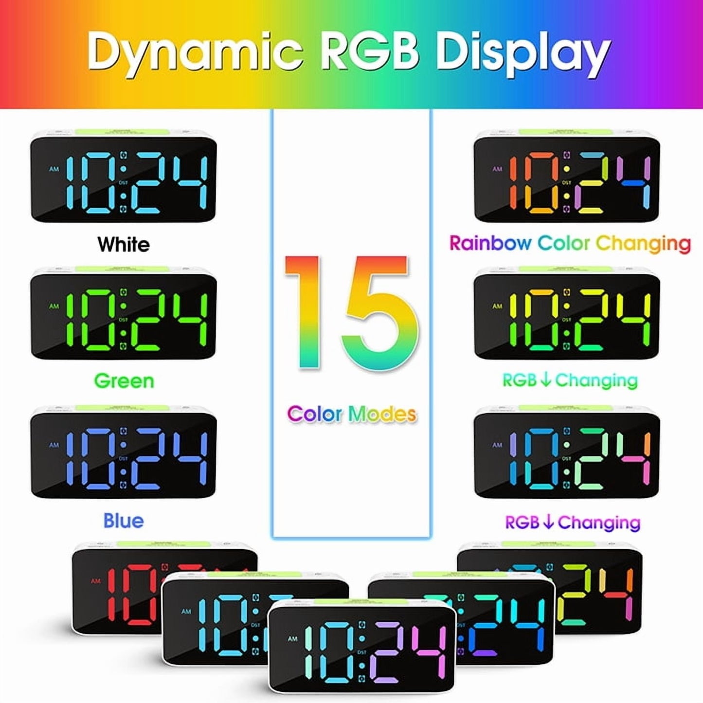 Super Loud Alarm Clock for Heavy Sleepers Adults,Digital Clock with 7 Color NightLight,Adjustable Volume, Charging Cable,Small Clocks for Bedrooms,Ok to Wake Up for People (White+RGB)
