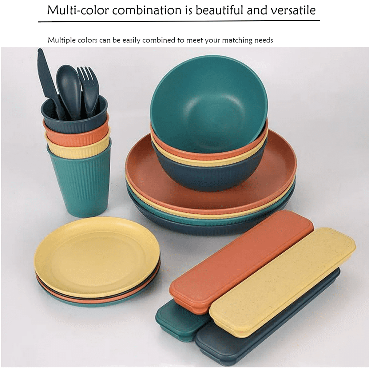 Unbreakable Wheat Straw Set - Microwave and Dishwasher Safe Soup and Salad Bowls, 32-Piece Set, BPA Free, Multicolor