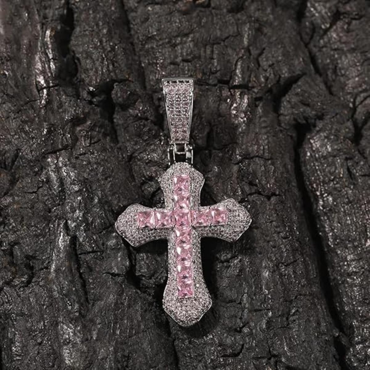 EHIW Crystal Cross Pendant Necklace, Pink Zircon Stones, Silver Chain, 24 Inches