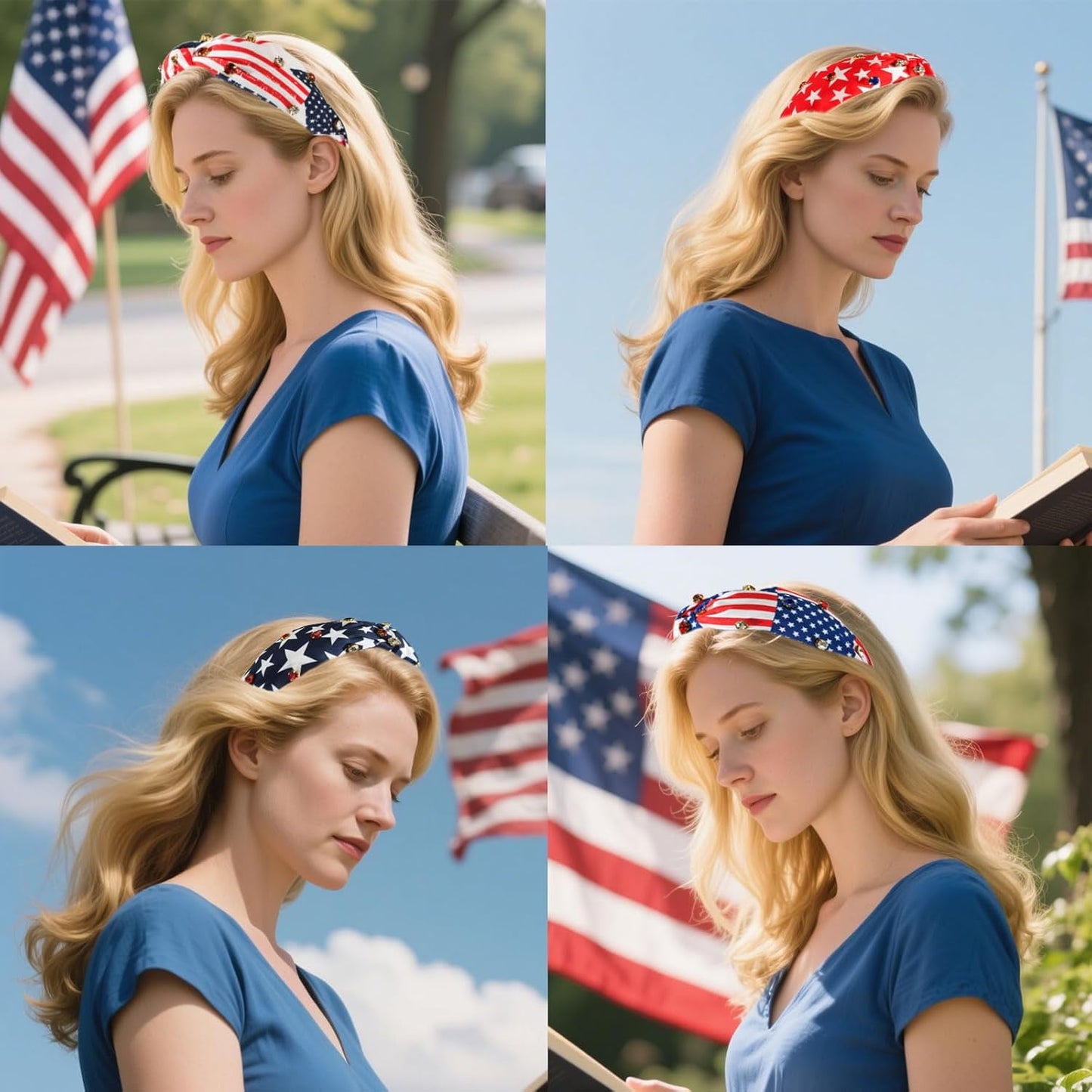 EHIW 4PCS American Flag Headbands for Women ,Wide Knottted Headband, USA Red White and Blue Rhinestone Patriotic Headbands, Crystal Jeweled Hairband, Independence Day Hair Accessories Gifts