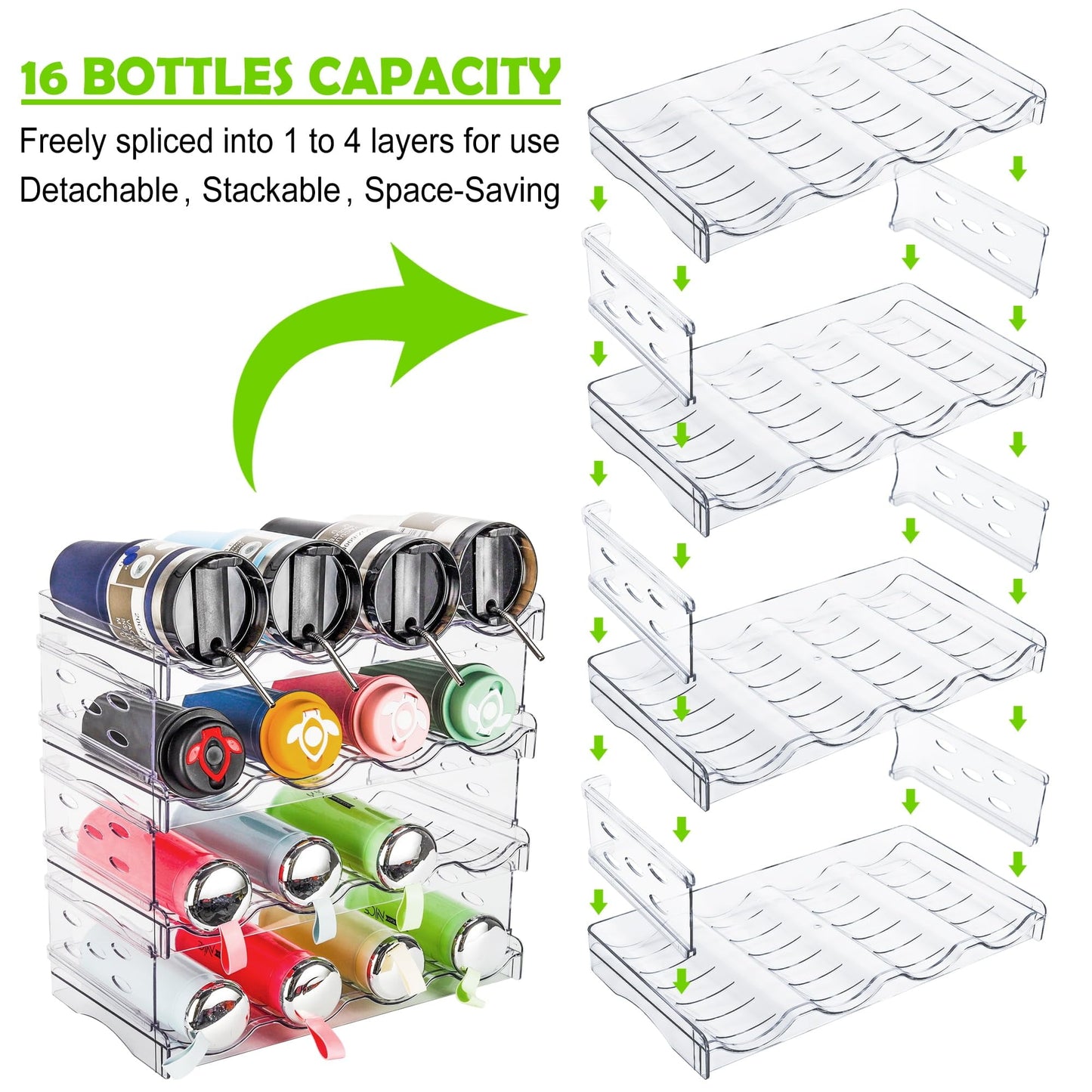 Water Bottle Organizer, Stackable Plastic Bottle Holder for Cabinet,Storage Rack,Kitchen Pantry, Fridge, Cup Holder for Wine -4 Pack, Hold 16 Containers
